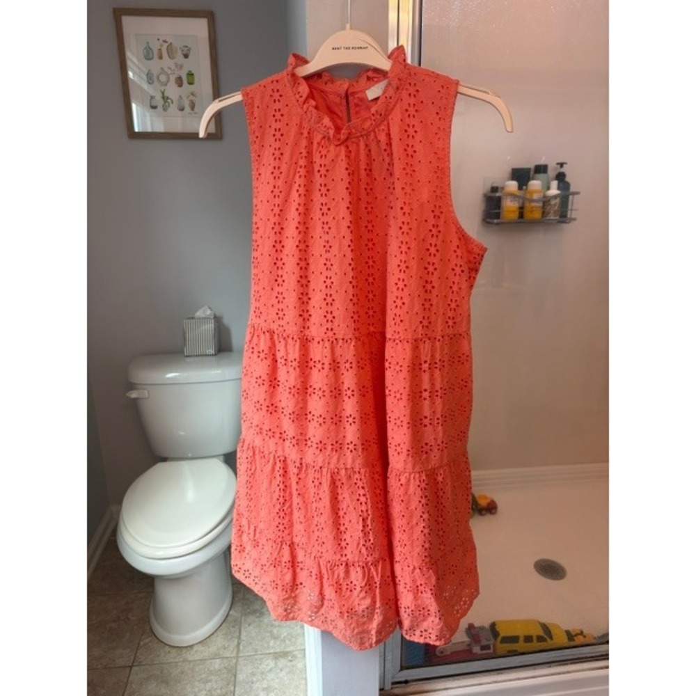 Loft Petite L Coral Eyelet Tiered Dress 100% Cotton Sleeveless Ruffle Neck